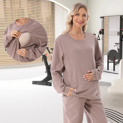 Cotton Breastfeeding Set - Maternity Nursing Sweatshirt & Pants for Pregnant & Postpartum Moms